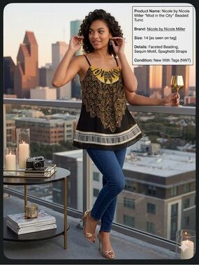 NWT Nicole Miller Mod in the City Beaded Tunic Size 14 Curry Yellow Black